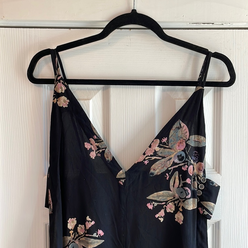 Free People Black Floral V-Neck Jumpsuit Romper with Pink and Green Blooms